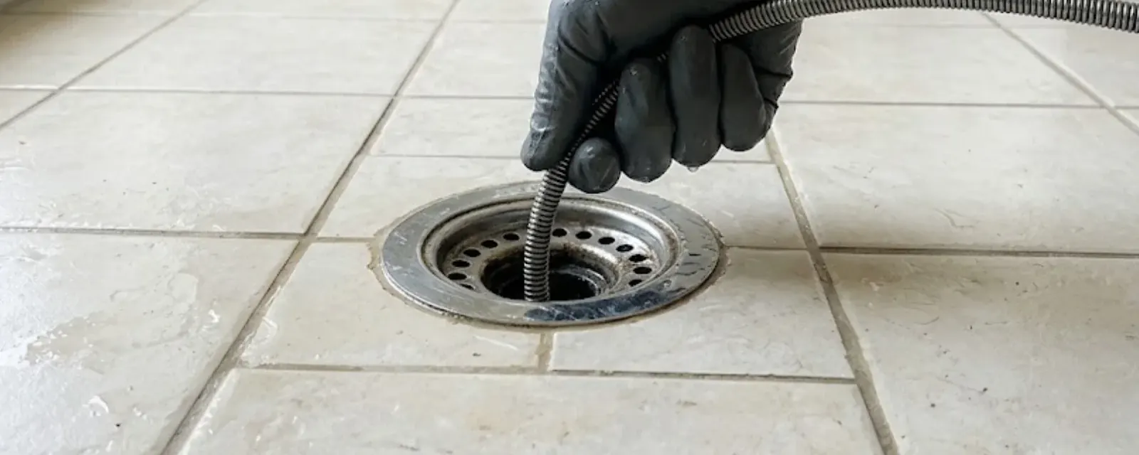 Gloved hand running a drain snake into a tiled floor drain