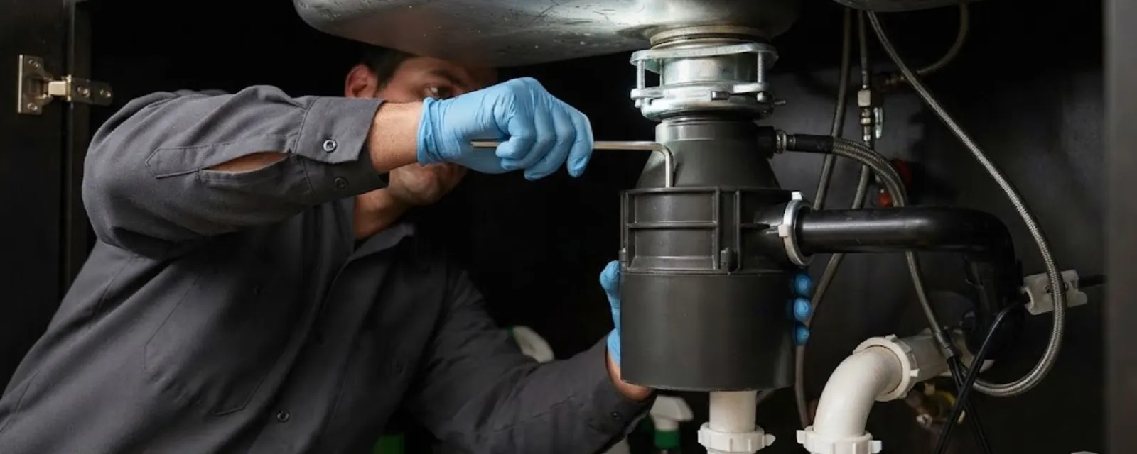 Plumber mounting a garbage disposal under a kitchen sink with a screwdriver, trap and drain pipe in view