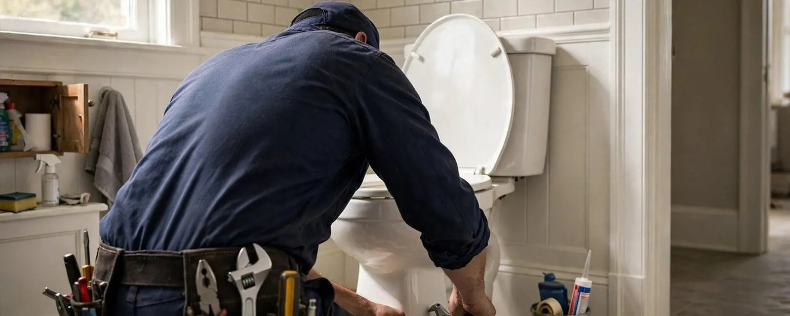 Plumber working at the base of a toilet with a tool belt and tools laid out on the bathroom floor