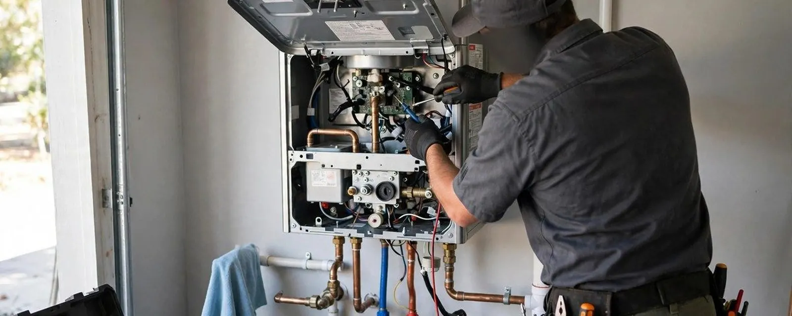Technician with the front cover open on a tankless water heater, working beside copper and PEX fittings