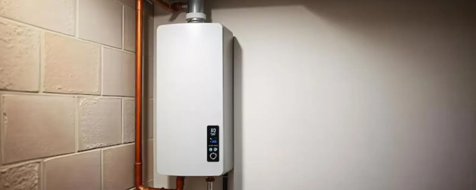 Wall-mounted tankless water heater with copper supply lines and a condensate drain on a block wall