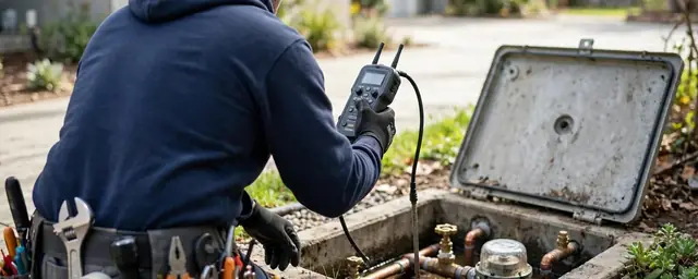 Technician at an open water meter box in a front yard checking a meter and nearby shutoff with a handheld tester
