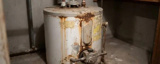 Old rusted tank water heater with corroded seams in a basement corner