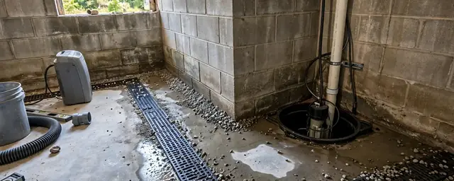 Unfinished concrete basement floor with an interior drain channel and a sump basin in the corner