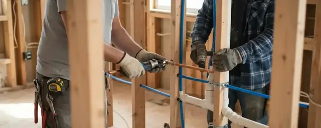 Two plumbers fitting drain and vent pipes between wall studs in a house under construction