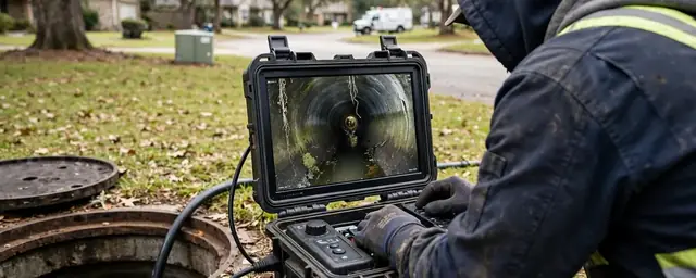 Technician in a hooded jacket watching a sewer camera monitor beside an open cleanout in a residential yard