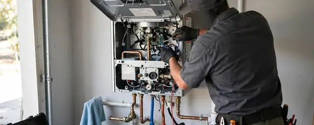 Technician with the front cover open on a tankless water heater, working beside copper and PEX fittings