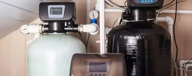 Water treatment tanks with control valves, bypass fittings and a brine cabinet installed in a utility room