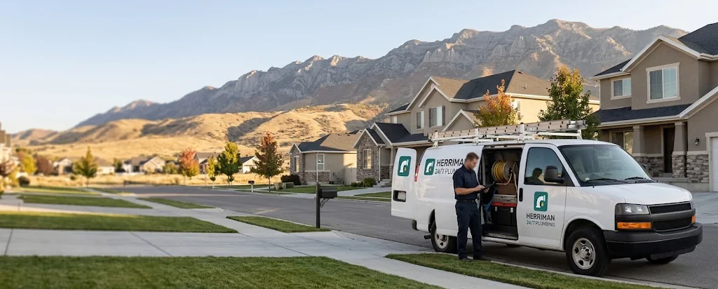 Herriman 24/7 Plumbing service van with the company logo on the door, parked beside a Herriman, UT home with a technician at the open side door