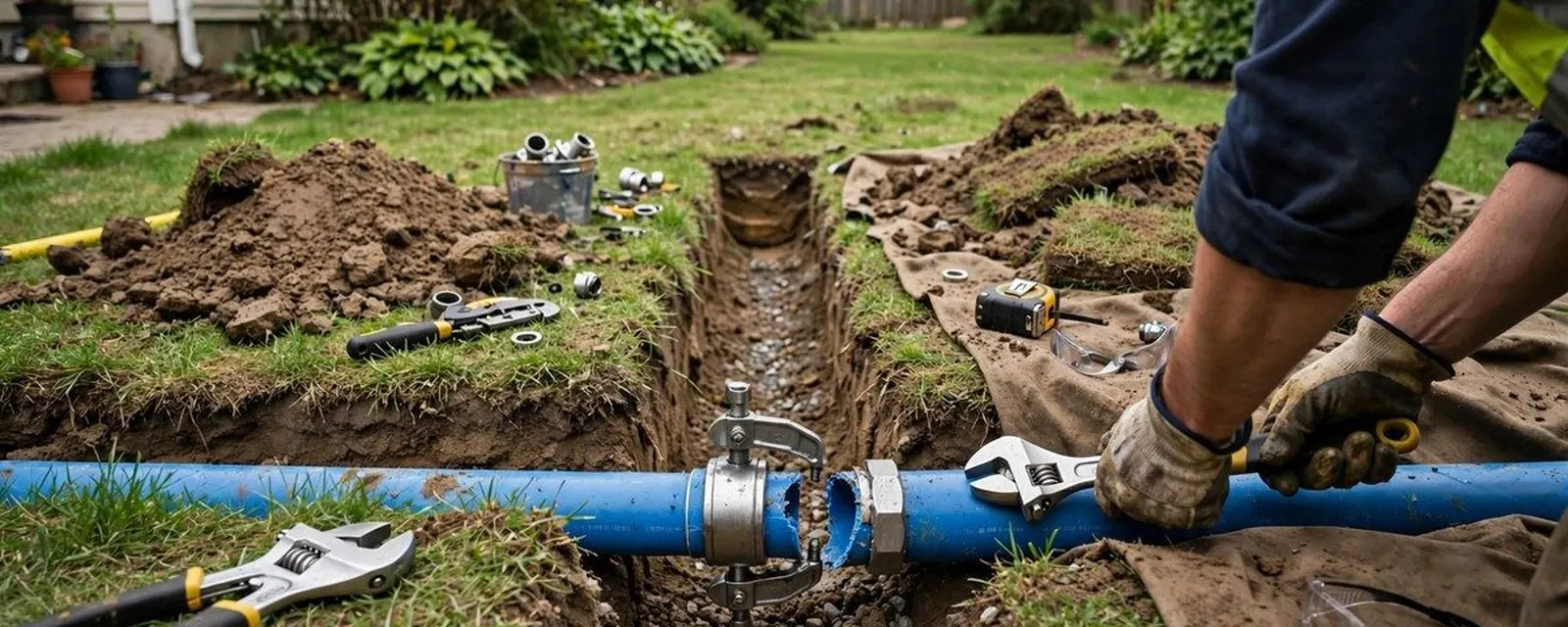 Plumber tightening a fitting on a blue water service line exposed in a yard trench